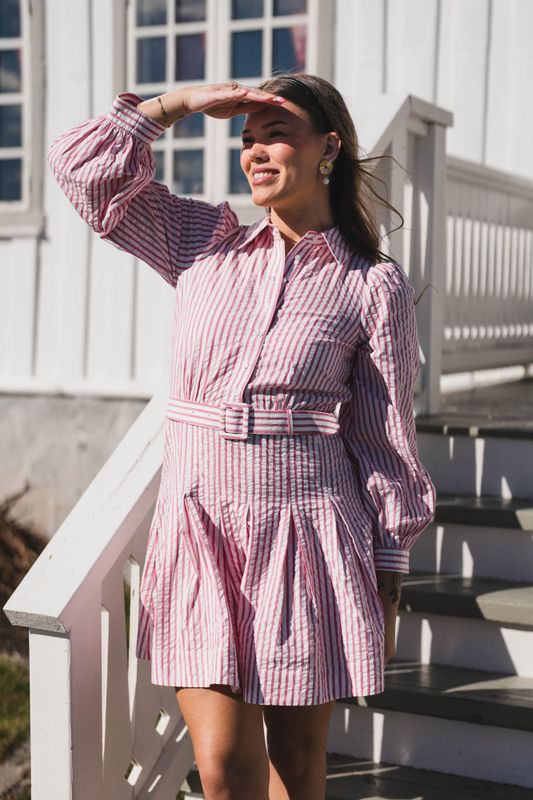 Seersucker Pleated Dress Pink Stripe 