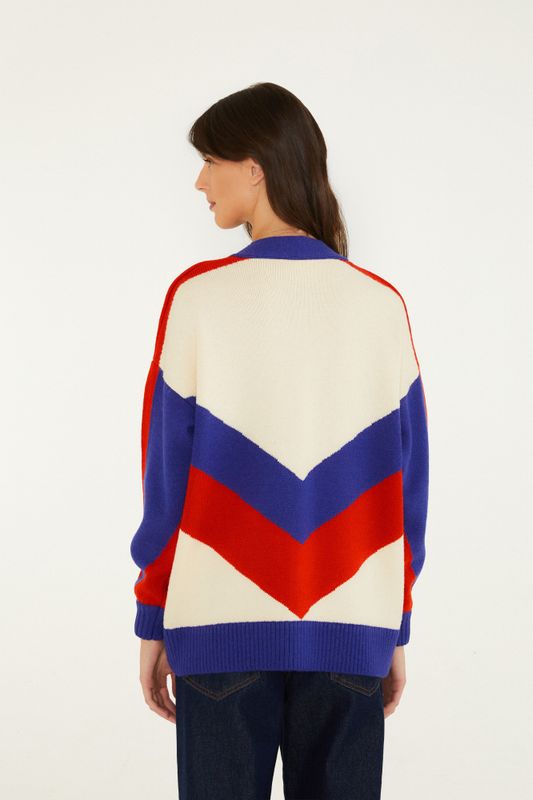 Bold Stripe Flowers Knit Cardigan Beige 