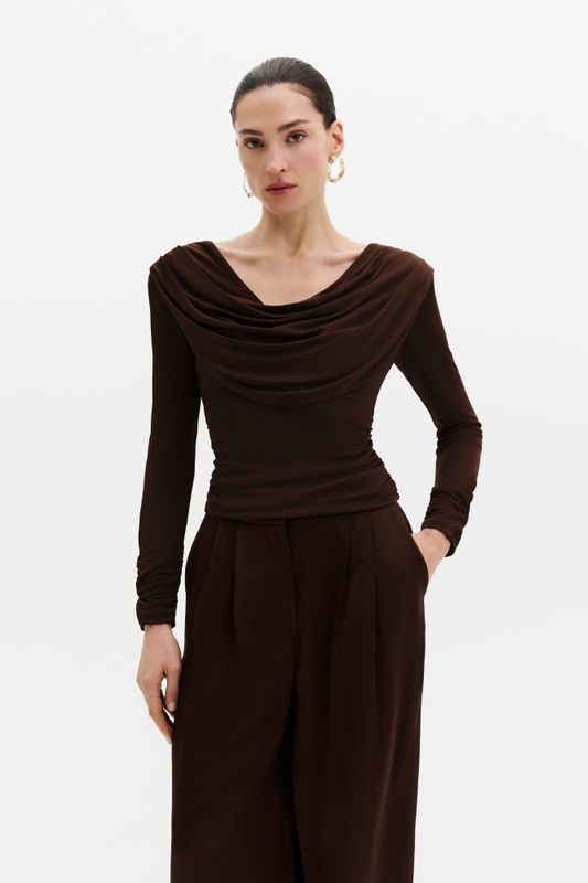 Signe Cowl Neck Jersey Top Dark Brown 