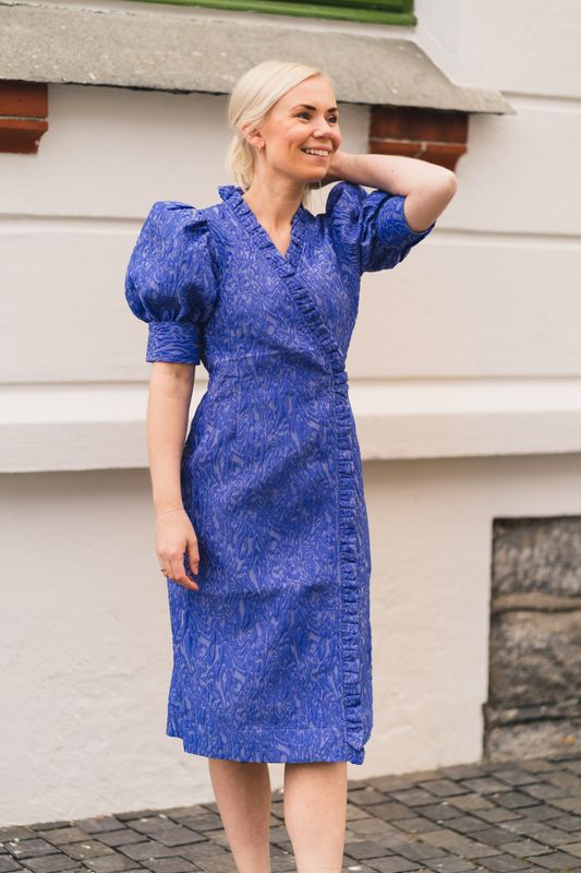 3D Jacquard Wrap Ruffle Dress Blue Iris