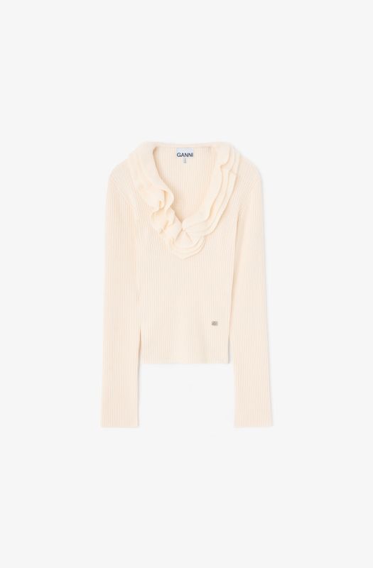 Ribbed Merino Frill Top Egret 