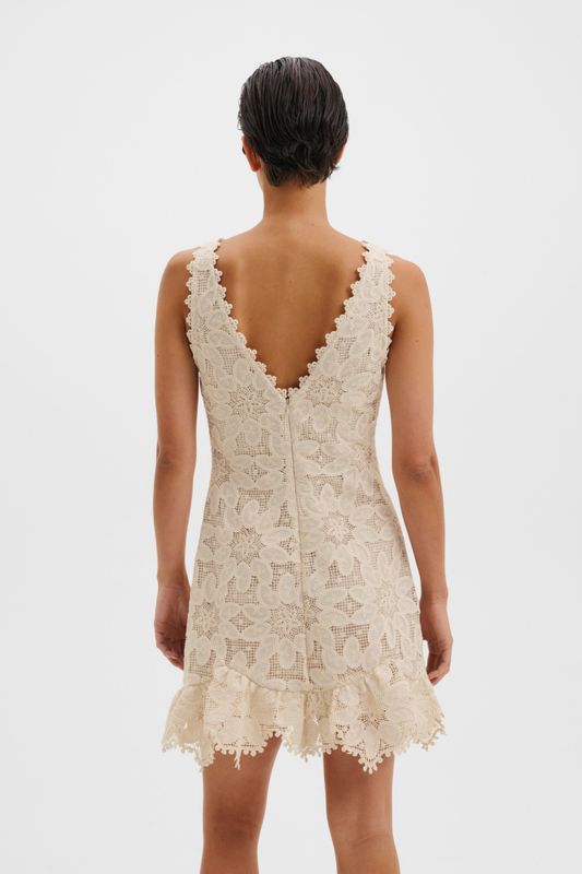 Miranda Ruffled Guipure Lace Mini Dress Sand 