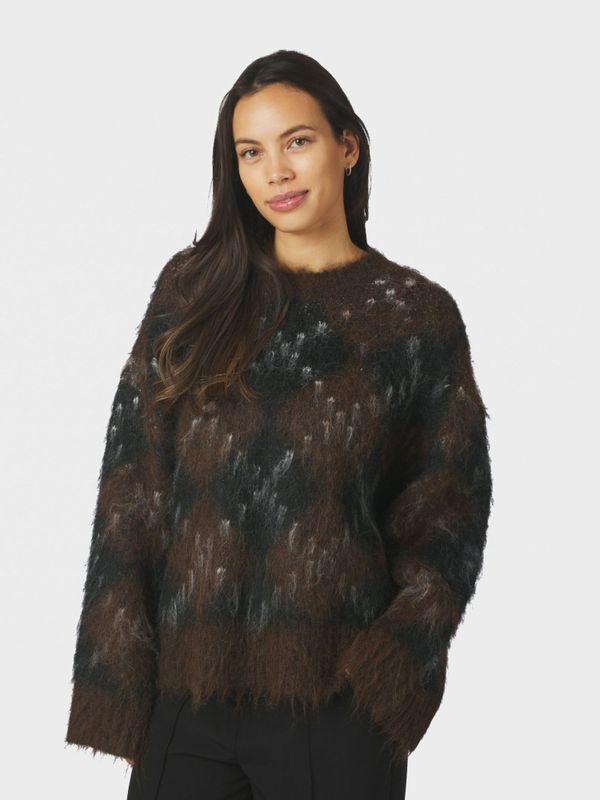 Roeme Check Fluffy Knit Blouse Dark Brown 