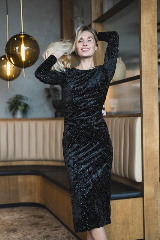 Tilla LS Velvet Long Dress Black W/Rhinestones 