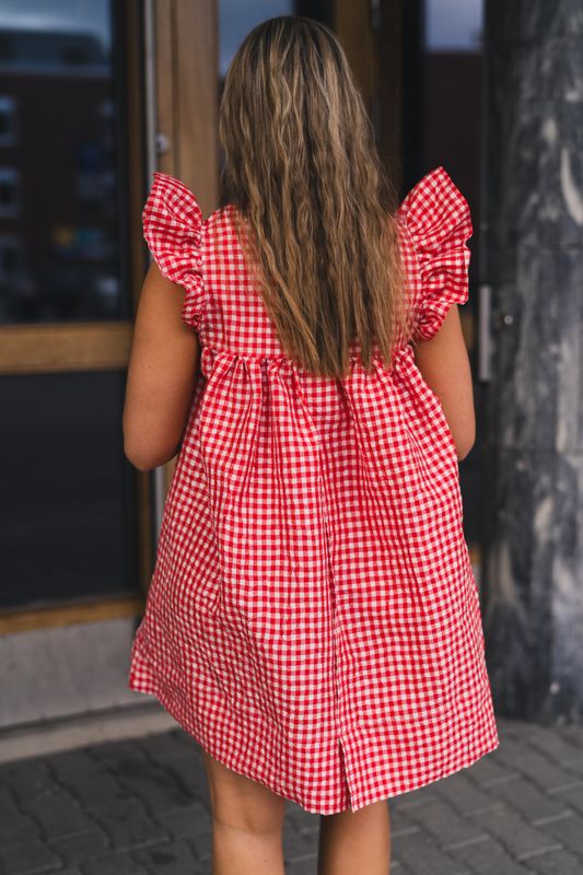 Crinkled Taffeta Check Frill Mini Dress Red Altert 