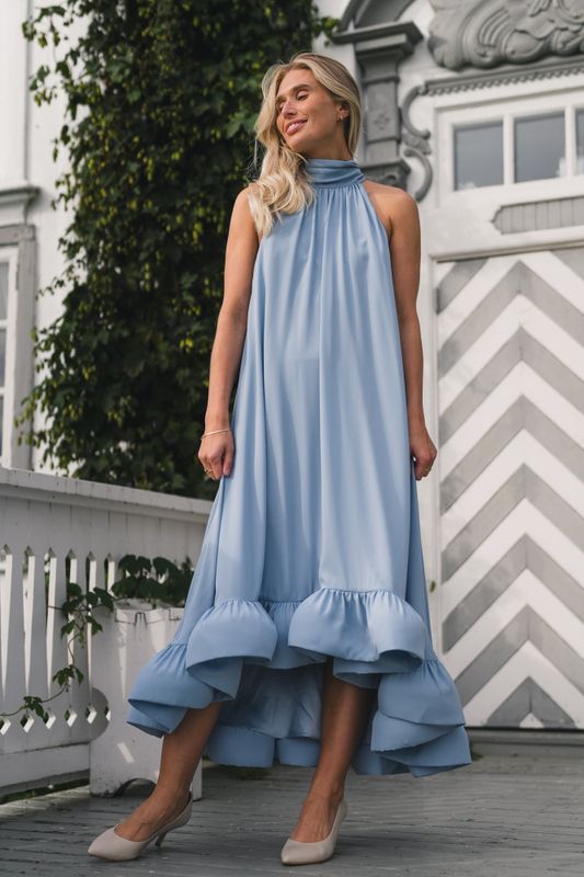 Sabrina Halterneck Ruffled Midi Dress Sky 