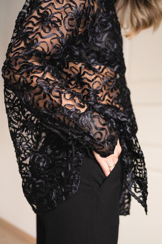 Ribbon Tulle Raglan Shirt Black 