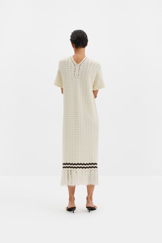 Kira Knitted Fringe Midi Dress White 