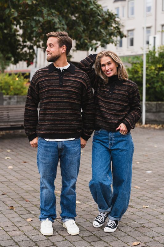 Olivia Wool Polo Sweater Brown Stripe 