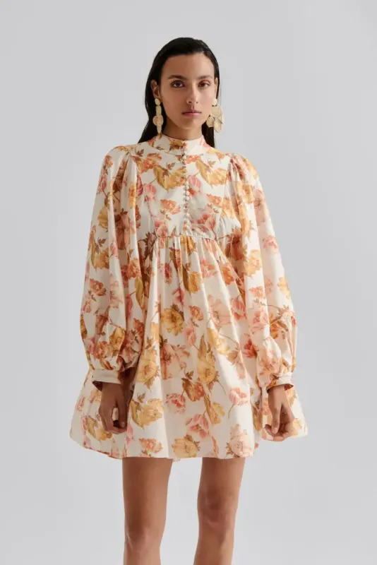 Tyra High Neck Balloon Sleeve Mini Dress Cream Peony 