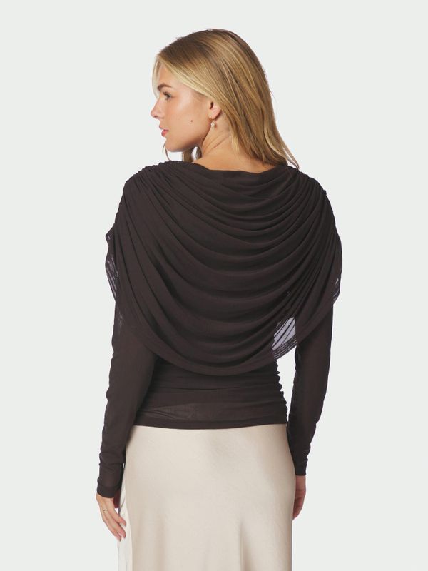 Lottuna Drapy Mesh Blouse Dark Brown 
