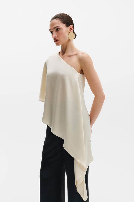 Aria One Shoulder Asymmetric Satin Blouse Pearl 