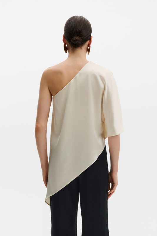 Aria One Shoulder Asymmetric Satin Blouse Pearl 