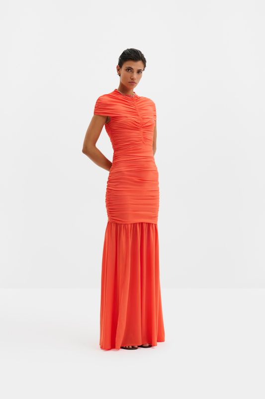 Loana Draped Chiffon Maxi Dress Coral 