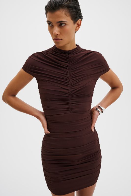 Loana Draped Chiffon Mini Dress Espresso 