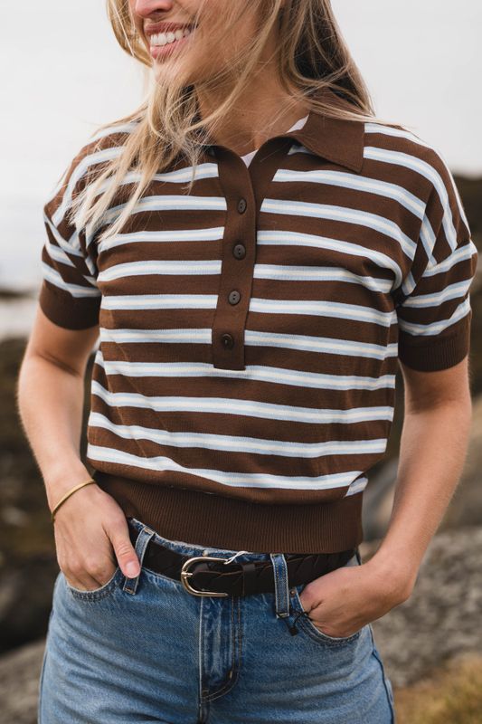 Emira Knit Polo Top Dark Brown 