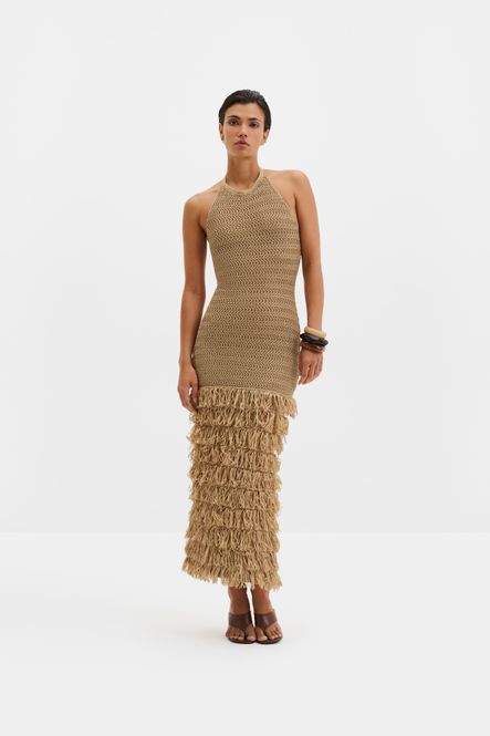 Hovedbilde Elissa Halterneck Fringe Maxi Dress Sand 