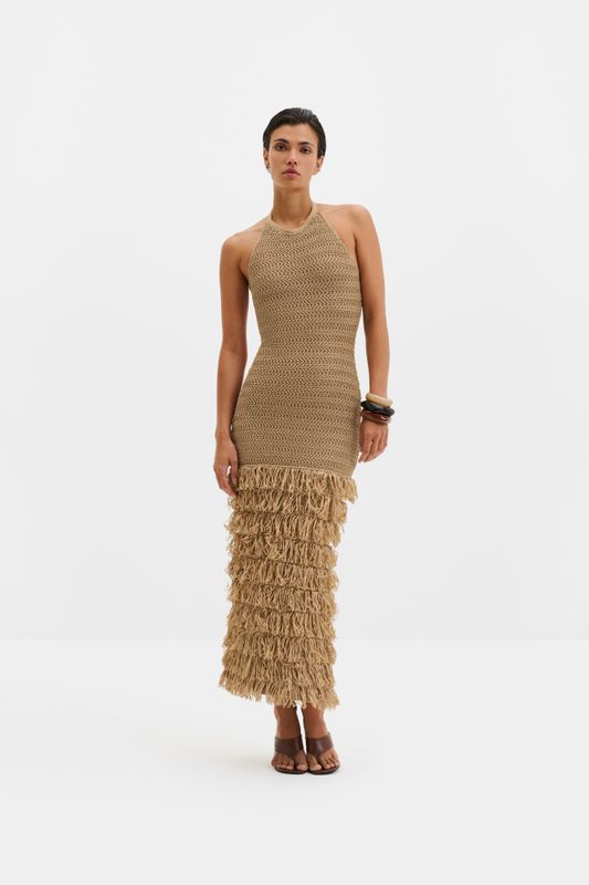 Elissa Halterneck Fringe Maxi Dress Sand 