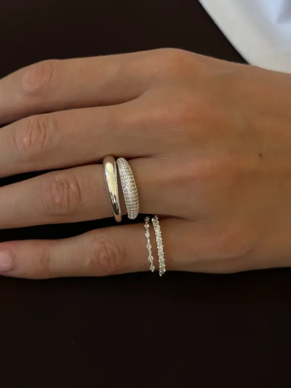 Beaded Zirconia Stacker Ring Silver