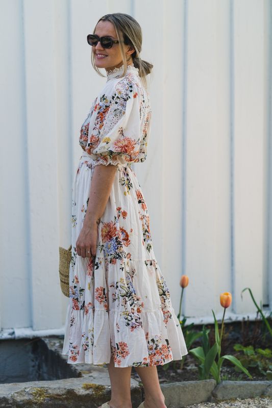 Cotton Slub Midi Dress Vintage Flowers 