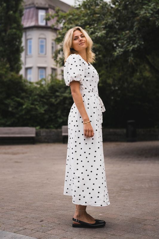 Clarine Linen Dot Dress White - Vakre Vene