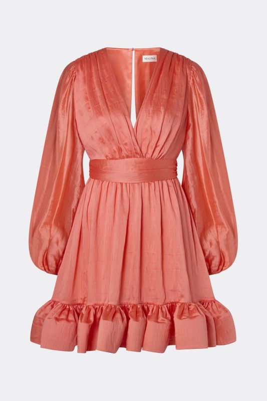 Jadie V-Neck Ruffled Mini Dress Coral 