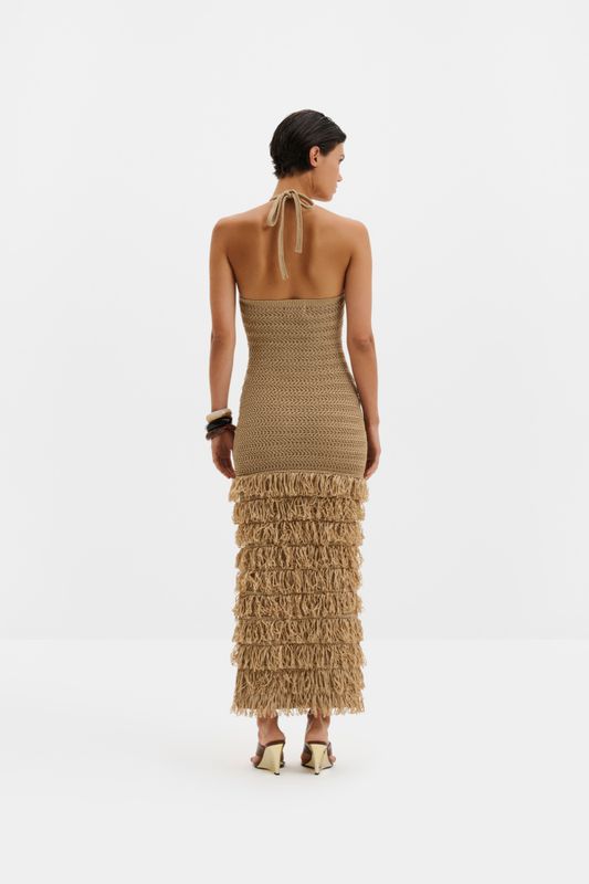 Elissa Halterneck Fringe Maxi Dress Sand 