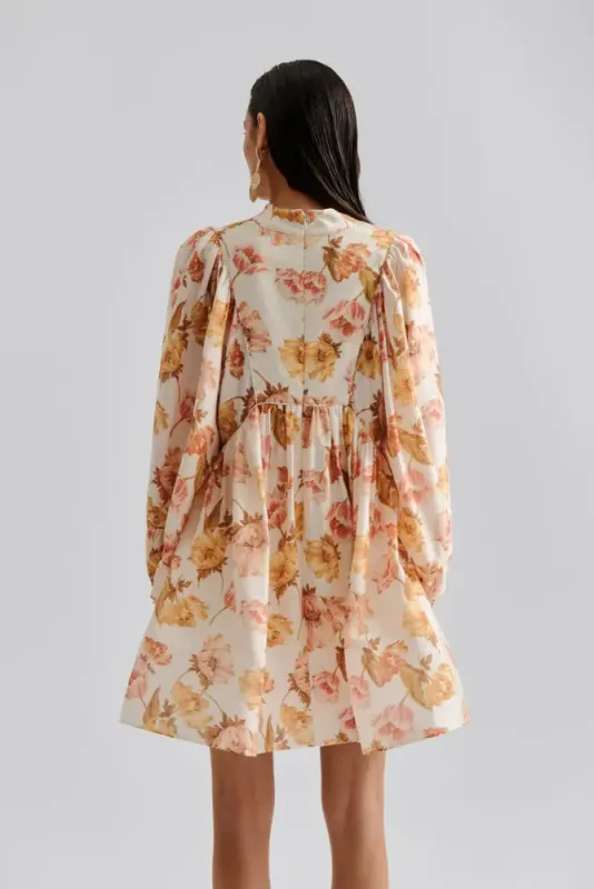 Tyra High Neck Balloon Sleeve Mini Dress Cream Peony 