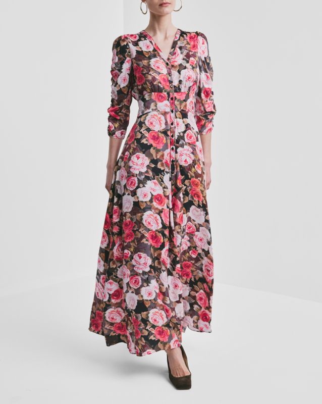 Satin Button-Down Dress Midnight Roses 