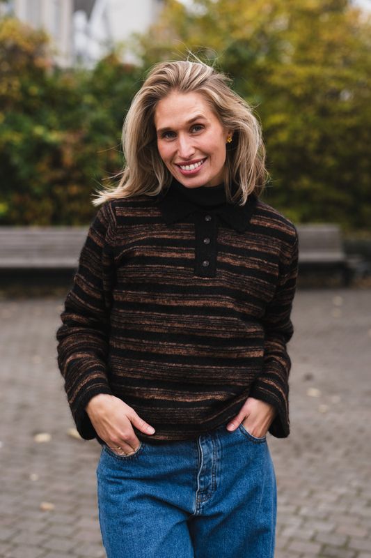 Olivia Wool Polo Sweater Brown Stripe 