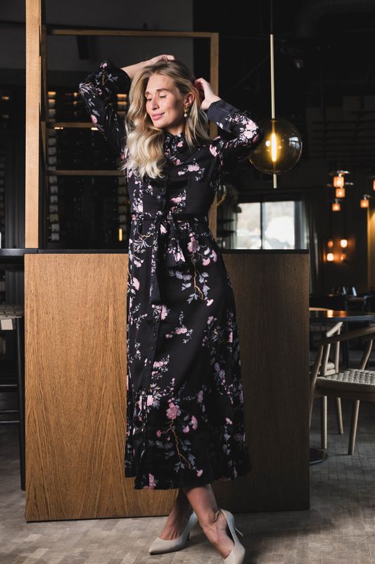 Satin Belt Dress Midnight Garden 