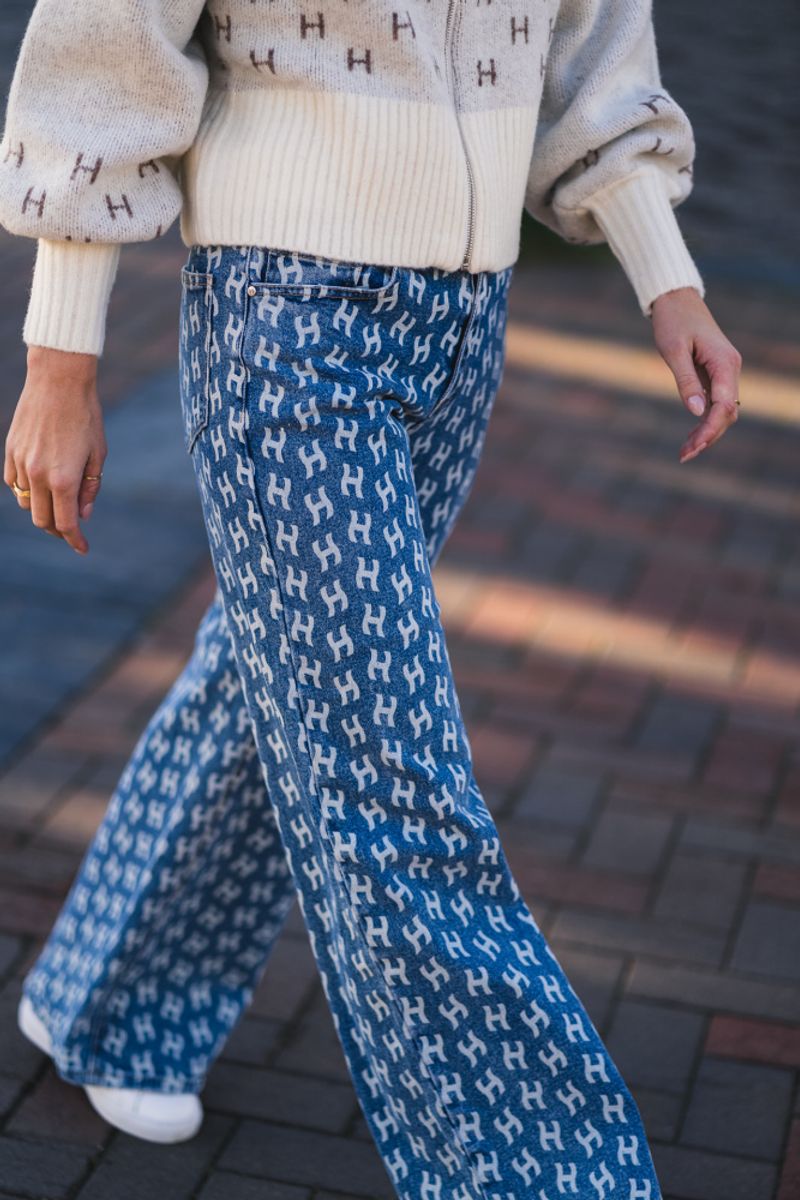 Megan Wide Leg Printed Jeans Blue 