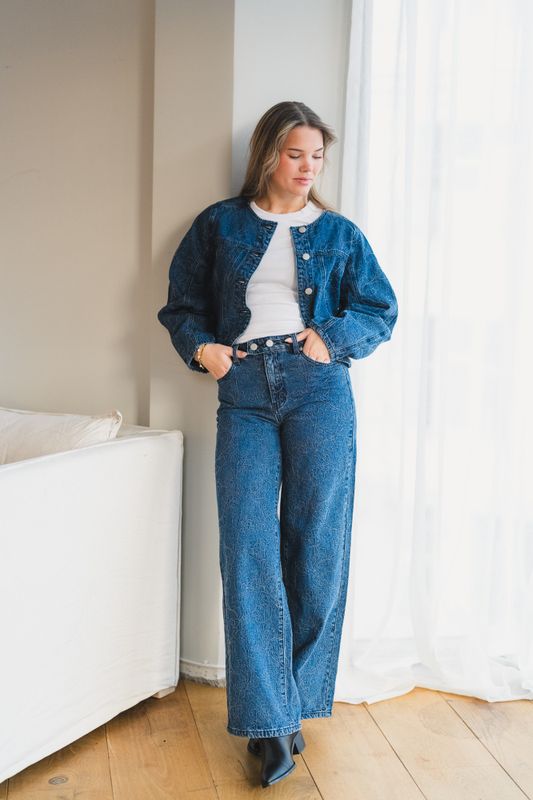 Alia LS Embroidery Denim Jacket Dark Blue Denim