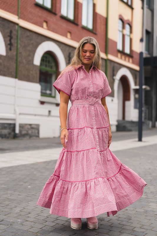 Seersucker Midi Dress Pink Checks 