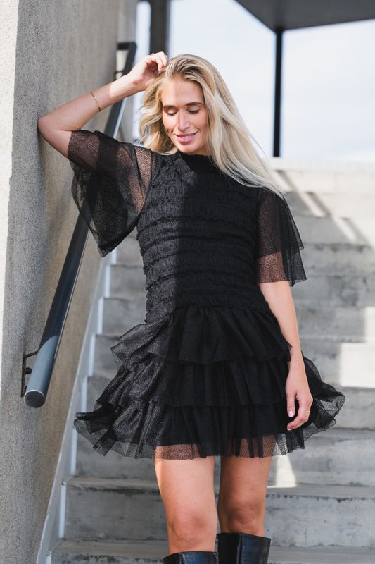 Minnie Short Sleeve Lace Mini Dress Black 