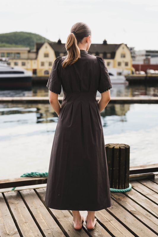 Poppy Emb Pleat Dress Dark Brown 