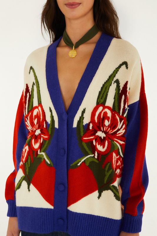 Bold Stripe Flowers Knit Cardigan Beige 